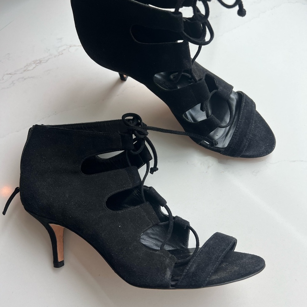 Black Lace-Up Suede Open Cutout Heels